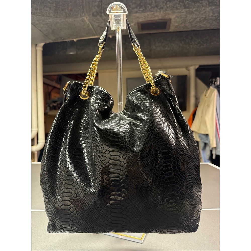 Michael Kors Black Snakeskin Embossed Leather Hobo Bag Gold Chain Shoulder Bag